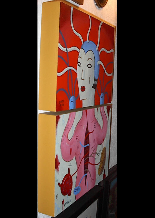 Gary Baseman original acrylic on wood, 2 paintings from Modular Populous, side view