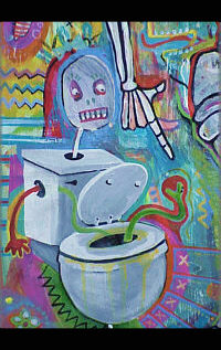 Jaime Zacarias - Tim's Little Monster - detail 2 - original acrylic painting on wood panel